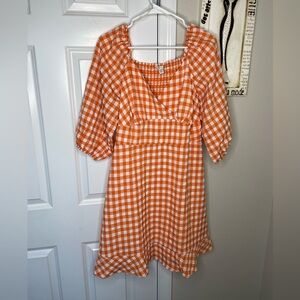 Cato Orange Gingham Smocked Dress Puff Sleeve Mini Cottagecore Women 14/16